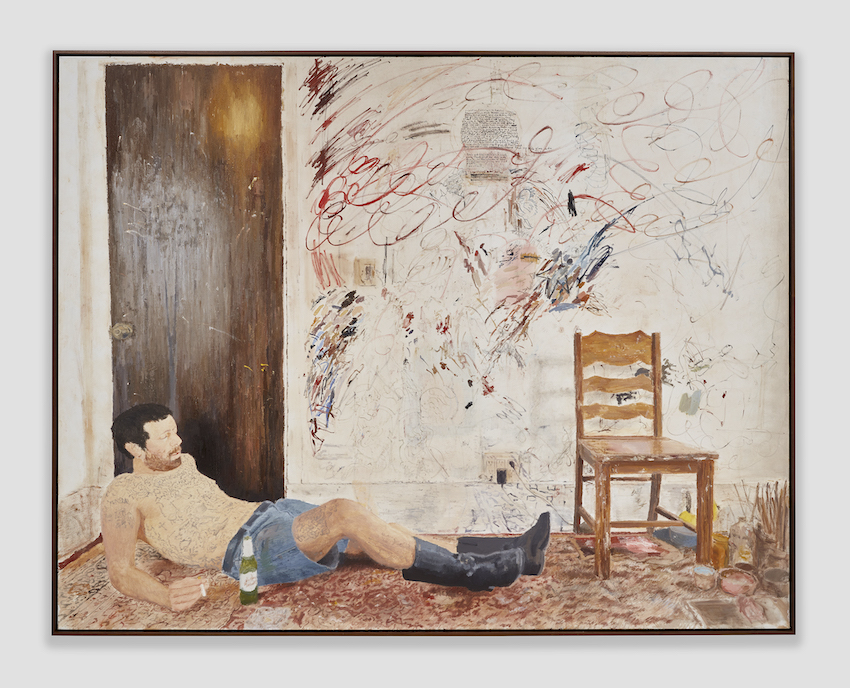 <i>Leo laying on the carpet</i>, 2024. Oil on linen, 80 x 102 1/2 x 2 in (203.2 x 260.4 x 5 cm)
